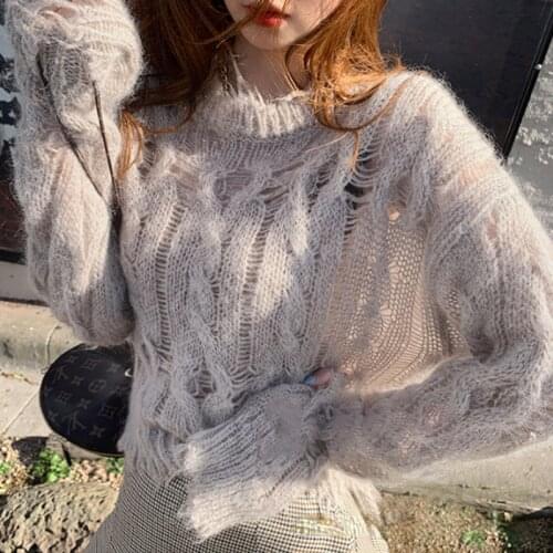 Knit Blouse Pink Sweater Women 2021 Spring Summer Loose Lazy Oaf Plus Size Thin Outer Wear Harajuku Hollow See-Through Top