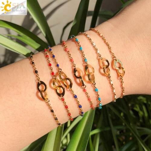 CSJA Gold Color Stainless Steel Bracelets for Women Enamel Bead Delicate Child Bracelet Femme Acier Inoxydable 2021 Jewelry S757