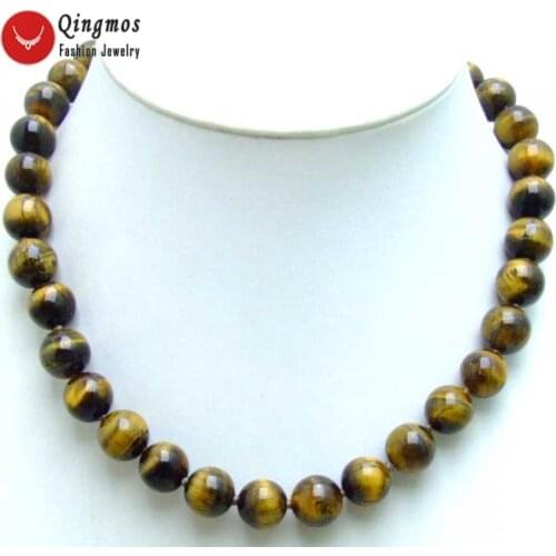 Qingmos 12mm AA Round Natural Yellow Tigers Eye Stone Necklace for Women with Genuine Stone Chokers 17" Jewelry Colar Collier