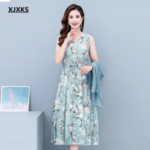XJXKS 2021 Summer New Women Dress Two-piece Set Fashion Printed Sleeveless Dress + Mid-sleeve Cardigan Sun Protection