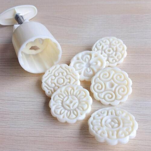 6pcs 3D Moon Cake Decor Flowers Stamps Mould Barrel Round Mooncake Mold 50g Pastry Mooncakes Hand DIY Tool