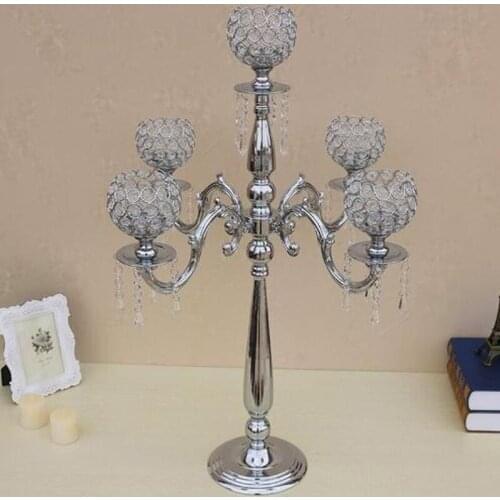 Elegant 75 cm Tall Silver 5 arms Wedding Candelabras Flower Stand Crystal Table Centerpiece Wedding Decoration 10 pcs/lot