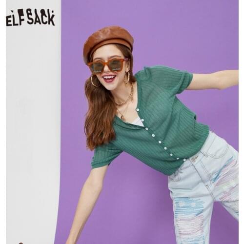 ELFSACK Solid Pure Chic Single Breasted Knit Casual Women Cardigan 2021 Summer Vintage Short Sleeve Basic Daily Knitwear Top