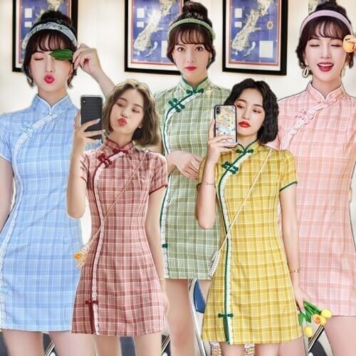 FZSLCYIYI Chinese Dress cotton Vintage Plaid Women Oriental Robe Cheongsam Female China Elegant Casual Party Modern Mini Qipao