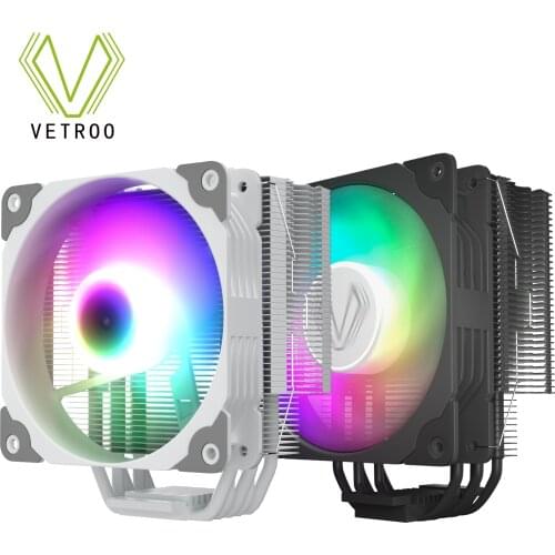VETROO 5 Heat Pipes CPU Cooler 4 Pin PWM ARGB PC Quiet Intel LGA 1200 1366 1156 1155 1151 1150 775 AMD AM3 AM4 CPU Cooling Fan