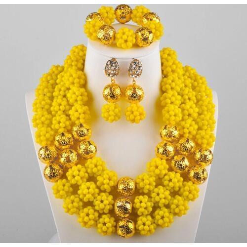 Opaque Yellow Nigerian Wedding African Beads Jewelry Set Crystal Ball Necklace