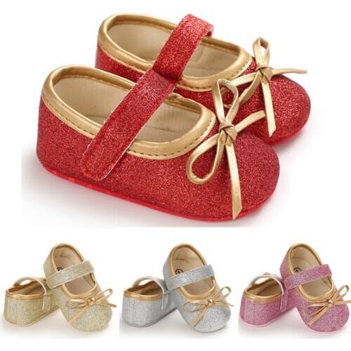New Newborn Infant Baby Girls Spring Summer Crib Shoes Sequined Golden Bow Princess Girl Shoes Soft Bottom Toddler First Walkers