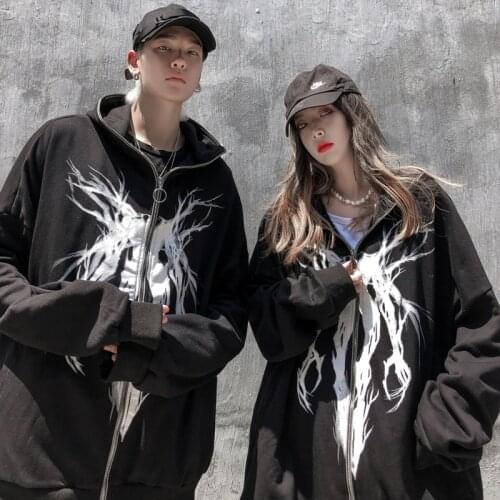 Dark funeral punk pattern printing oversize zipper hoodie mens black fashion jacket streetwear couple tops womens hoodies