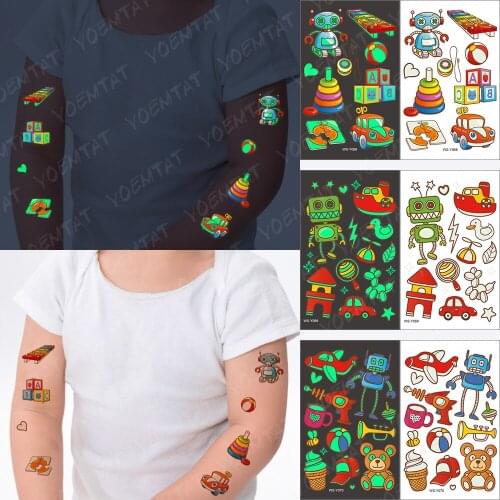 Waterproof Temporary Tattoo Sticker Luminous Kids Cartoons Robot Car Toy Puzzle Glowing Tatoo Child Art Flash Fake Tatto Cool