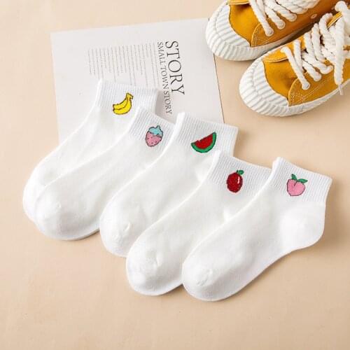 Woman Socks Fruits Print Casual Solid White Socks Cotton Breathable Strawberry Watermelon Banana Peach Japanese Kawaii Cute Sock