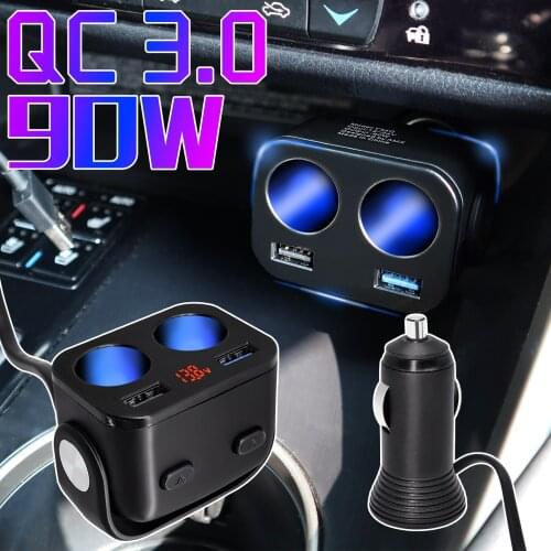 12V Car Cigarette lighter 2USB Socket Fast Charge 90W Power QC3 Charger LED Cigarette Auto Adapter Plug Splitter Extension Cable