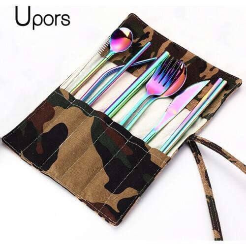 UPORS 9Pcs/Set Travel Cutlery Portable Stainless Steel Cutlery Set Reusable Fork Spoon Knife Set Metal Straw with Case