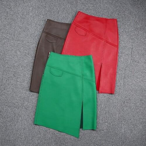 Factory New Arrival Spring And Summer Women Fashion Asymmetry Genuine Leather Skirt