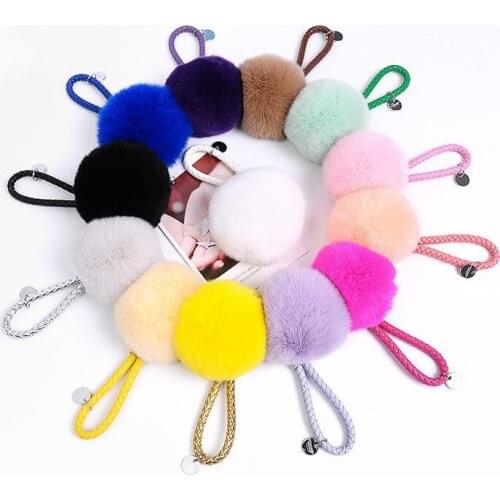 Hot Sale Trinket Fluffy Artificial Rabbit Fur Ball Braided Rope Keychain Leather Pompons Keychain Women Car Bag Key Ring Jewelry