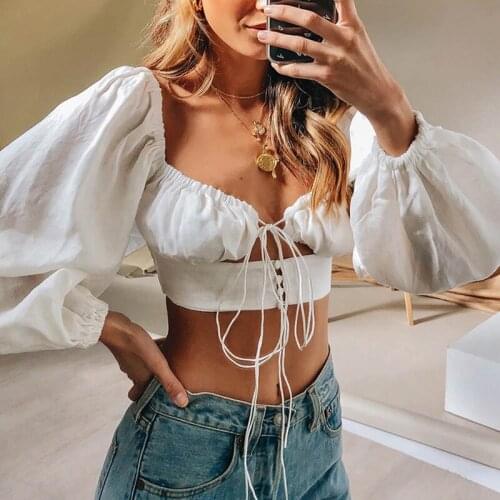 Kayotuas Women Blouse Office Ladies White Black Short Slim Fit Hot Sale Hollow Out V-Neck Puff Long Sleeve Streetwear Tops