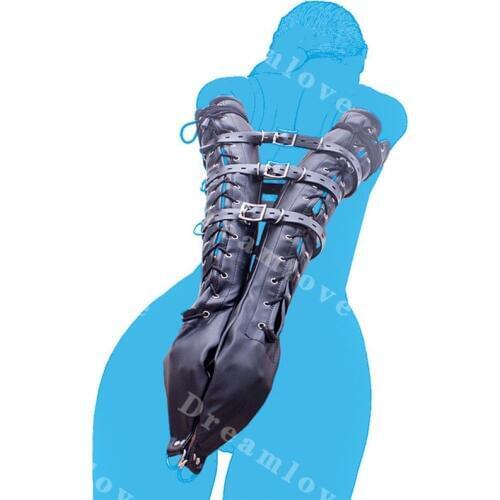 Kinky Women PU Leather Opera Fingerless Arm Restraint Gloves Lockable Lacing and Buckling Double Arm Mitts Fetish Costume