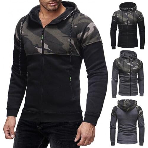 Men Casual Slim Long Sleeve Camouflage Zipper Pocket Hooded Hoodie Sweatshirt