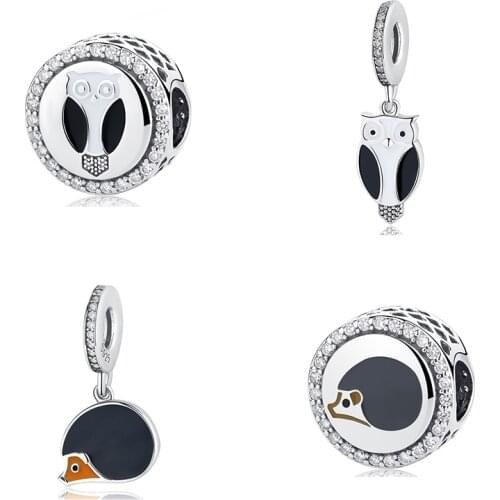 New Original 925 Sterling Silver Beads Owls Hedgehog Dangle Charm Animal Fit Pandora Bracelets Women DIY Jewelry Dropship