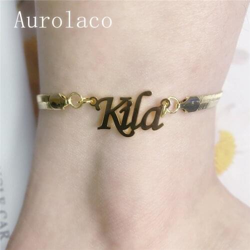 AurolaCo Custom Name Anklet Personality Snake Chain Anklet Stainless Steel Custom Nameplate Anklet for Women Jewelry Gift