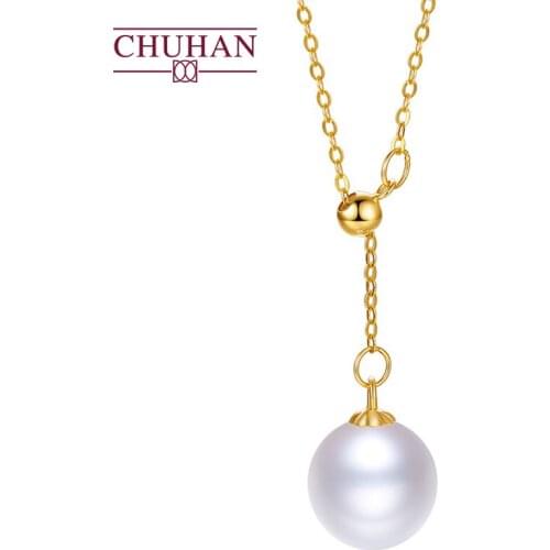 CHUHAN Real 18k Necklace Set Chain Adjustment Clavicle Chain 8.5-9mm Round Freshwater Pearl Pendant Necklace for women Jewelry