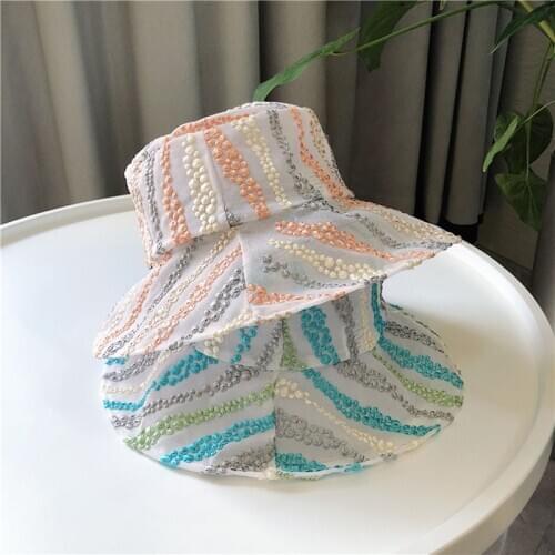 Colorful Striped Bucket Hat Women Summer Thin Sun Protectors Caps Fashion Street Flat Top Beach Fishing Hat Female Casual Hats