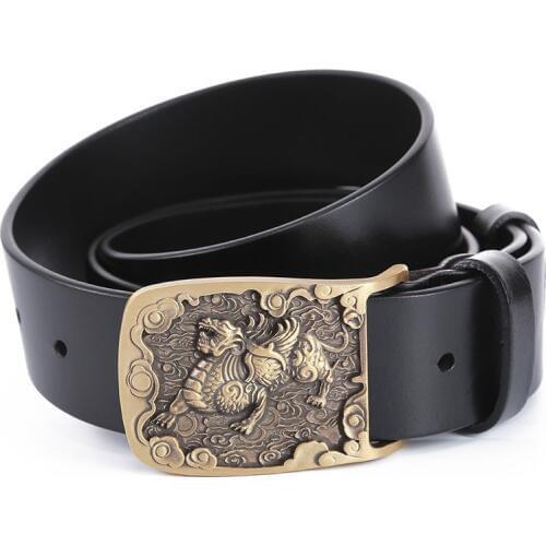 Ta-weo Casual Retro Men Genuine Leather Belts, Stylizing Kylin Pure Copper Smooth Buckle Belt, 1.5'' Wide Jeans Waistband