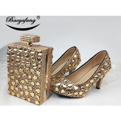 Champagne Golden crystal Wedding shoes with matching bags Women high heels ankle strap shoes party dress shoes big size
