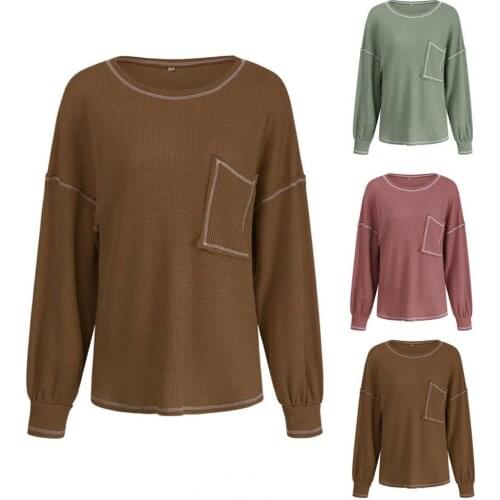 Women Fashion Casual Sweater Solid Color Knitted Autumn O Neck Long Sleeve Pockets Sweater for Daily Streetwear