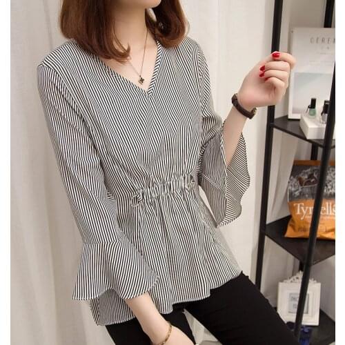 Spring Autumn Women Striped Blouse Tops Casual V-Neck Chiffon Blouses Female Midi Long Ruffles Shirt Blusas Plus Size 4XL AB1526