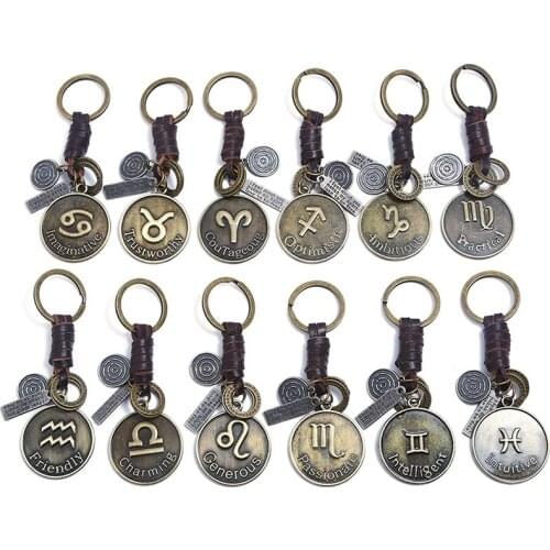 1PCS Punk Vintage Modyle 12 Constellation Keychain Genuine Leather Zodiac Keychain Men Women Birthday Gifts