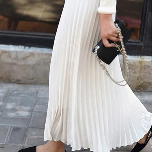 Autumn High Waist Pleated Long Skirts Womens Solid Pleated Elegant Midi Elastic Waist Skirt A-line Skirts Hip Slim Long Skirts