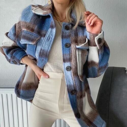 Fashion women plaid shirt jacket vintage brushed fur coat loose oversize jacket clothes women