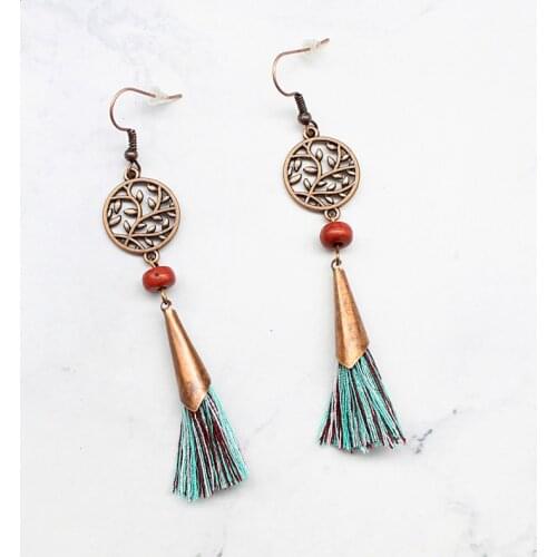 Round hollow Vine Leaves Tassel pendant earrings String wood beads Color fringe Bohemian style earrings Female accessories