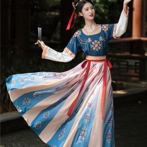 Chinese Style Women Oriental Vintage Hanfu Costumes Floral Embroidery Fairy Dresses raditional Ancient Princess Daily Outfits