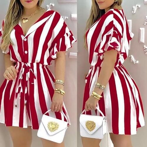 2021 Summer Fashion V Neck Striped Colorblock Ruffles Tie Waist Casual Shirt Dress Womens Short Sleeve Mini Dresses Loungewear