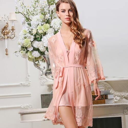 2018 women Sexy Silk Like Lace Robes Grenadine Embroidered nightgowns 2pieces sleepwear sets Padded Nightdress