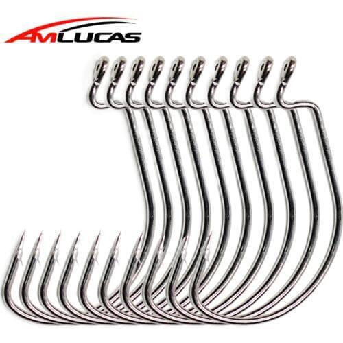 Amlucas 10pc High-carbon steel fishing hooks Jig Big crank Hook Lead Head Crank Barbed Hook Soft Bait Fishing accessories WE1051
