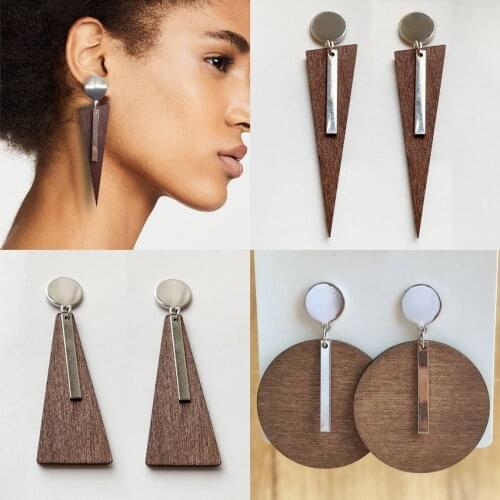Free Shipping Silver Color Vertical Bar Round Triangle Shape Wood Point Earrings for Women Fashion Jewelry Wholesale