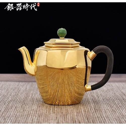 Ag999 Sterling Silver Teapot Gold Planted Kitchen Utensils Built-in Filter Handmade Coffee Tea Pot