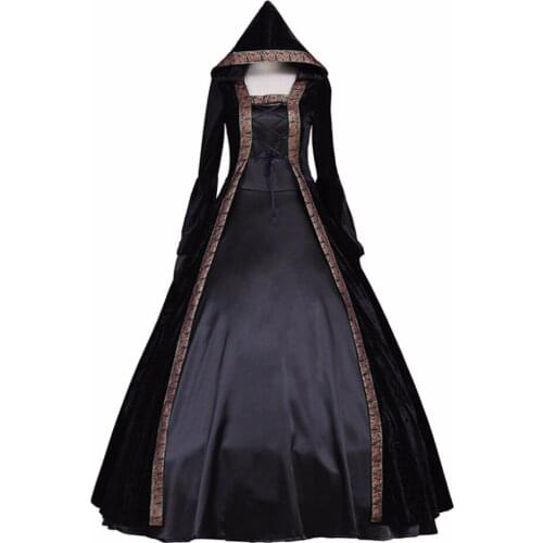Adults Black Dress Cosplay Vintage Medieval Womens Custom Made Dress Cape Costume Cosplay for Halloween Carnival Party