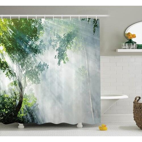 Rainforest Shower Curtain Sunbeam Between Shadows of Trees Idyllic Scenery of Solitude in Jungle Theme Bathroom Curtains
