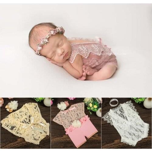 Dvotinst Newborn Baby Photography Props Lace Romper Outfits Floral Headband Fotografia Accessories Infant Studio Shoot Photo
