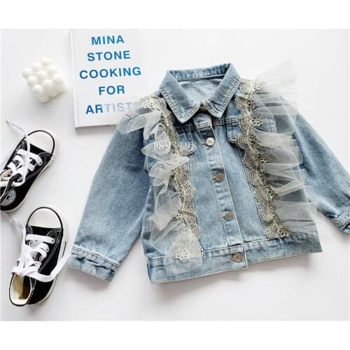 Girls Denim Lace Jackets Children Spring Autumn Tops Clothes Kids Casual Mesh Splicing Denim Coats