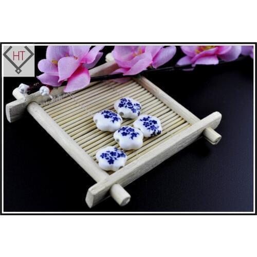 Handmade Porcelain Beads, Flat Flower Shape ,Blue Little Flower Printing ,15mm, Hole: 3mm; 10pcs/lot