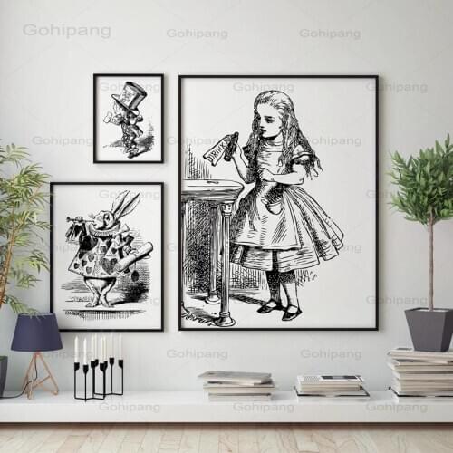 Canvas Painting Alice In Wonderland Art Print Wall Picture Vintage Poster Hand Drawn Alice In Wonderland Girls Room Decoration