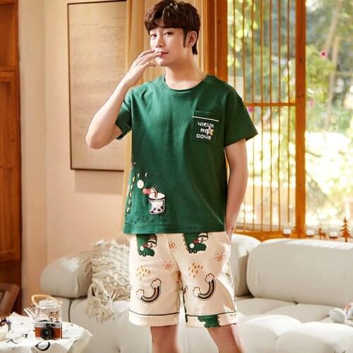 Mens Cartoon Cute Little Dinosaur Round Neck Short-sleeved Home Wear Summer Cartoon Light Casual Comfortable Korean Sleepwear