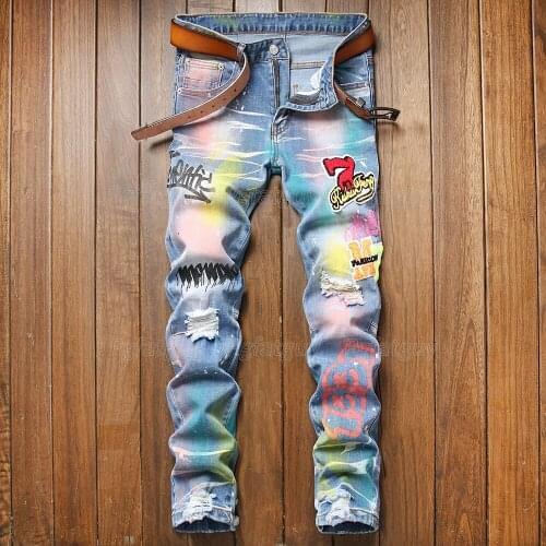 Small Straight Splattered Ink Colorful Printing Ripped Patch Mens Jeans Slim Micro-elastic Trendy Pants Pantalons Pour Hommes