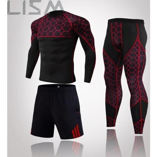 2021 New Mens 3 Pieces/Set Of Sports Fitness Compression Mens Sports Suit Quick-Drying Training Sportswear Breathable Tights