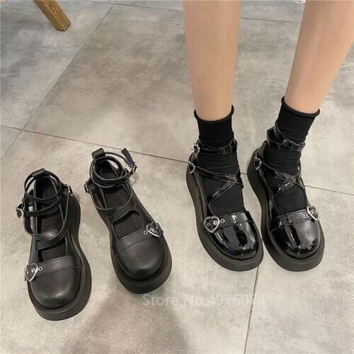 Girl Kawaii Lolita Shoes Japanese Style School Jk Uniform Accessories Lace-up Love Buckle Doll Round Toe Boots Mary Jane Shoes