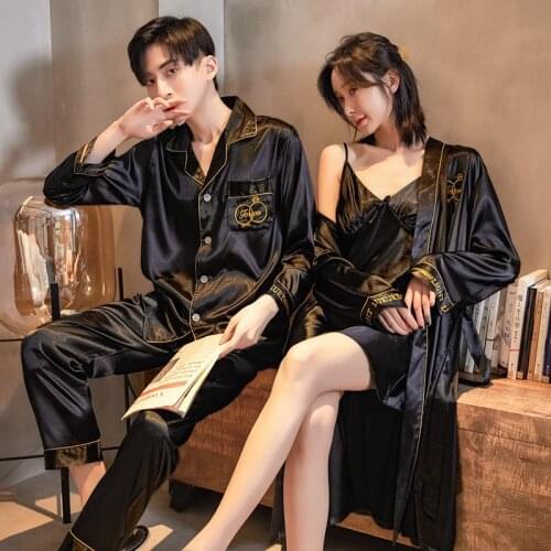 Summer Couples Embroidery Pajamas Set Cute Rayon For Women Robe Sets Men Satin Sleepwear Pyjamas Suit Home Clothing Sleep